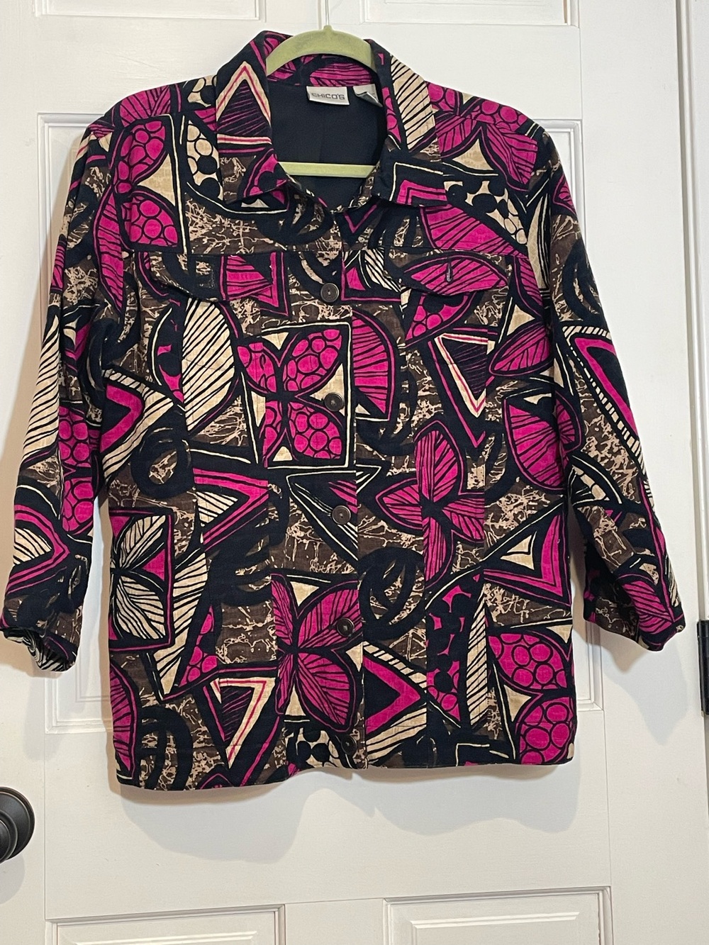 Chico’s Size 3 XL Jacket Pink Black Brown Abstract Floral Button Front Blazer